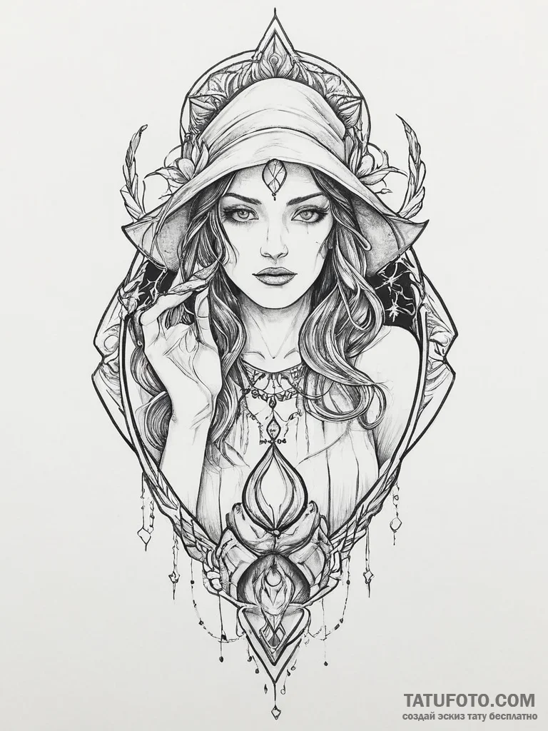 Tattoo sketch sorceress with a glowing hand,... - эскиз тату (№1756747984_0, 01.09.2025 17:33) — Tatufoto.com
