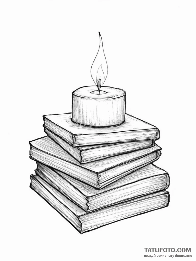Tattoo sketch book stack with a candle - эскиз тату (№1756788744_0, 02.09.2025 04:52) — Tatufoto.com