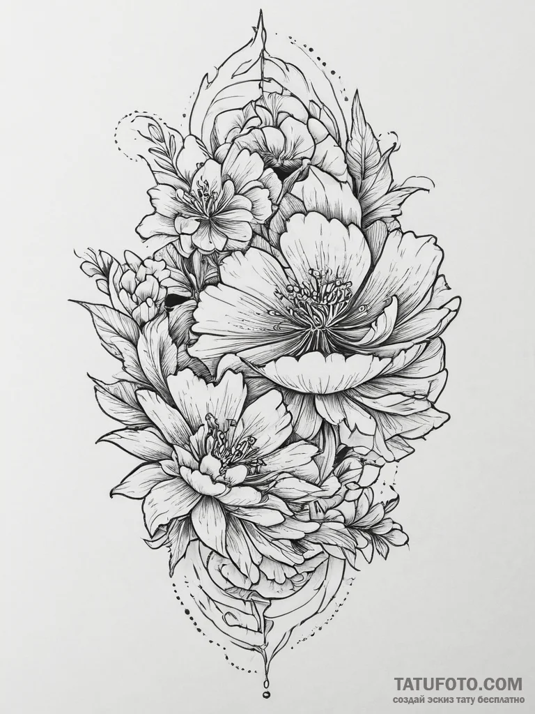 Tattoo sketch peony with a fan, tattoo drawin... - эскиз тату (№1756792111_0, 02.09.2025 05:48) — Tatufoto.com