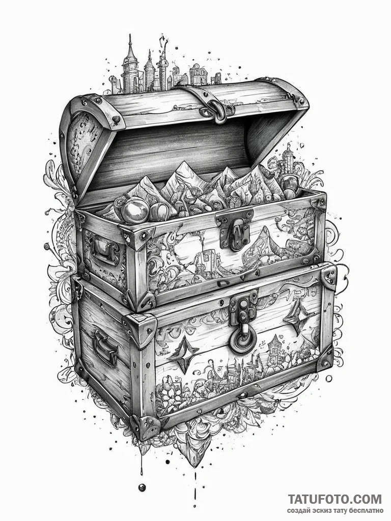 Tattoo sketch old treasure chest with a map,... - эскиз тату (№1756795465_0, 02.09.2025 06:44) — Tatufoto.com