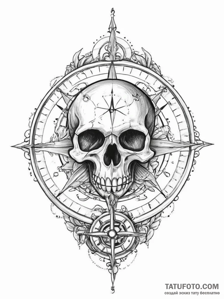 Tattoo sketch compass with a skull - эскиз тату (№1756797057_0, 02.09.2025 07:10) — Tatufoto.com