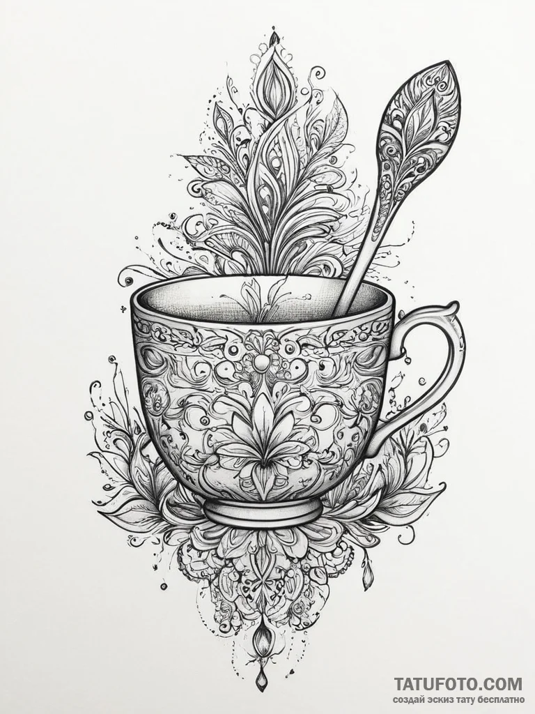 Tattoo sketch tea cup with a spoon, tattoo fl... - эскиз тату (№1756890824_0, 03.09.2025 09:13) — Tatufoto.com