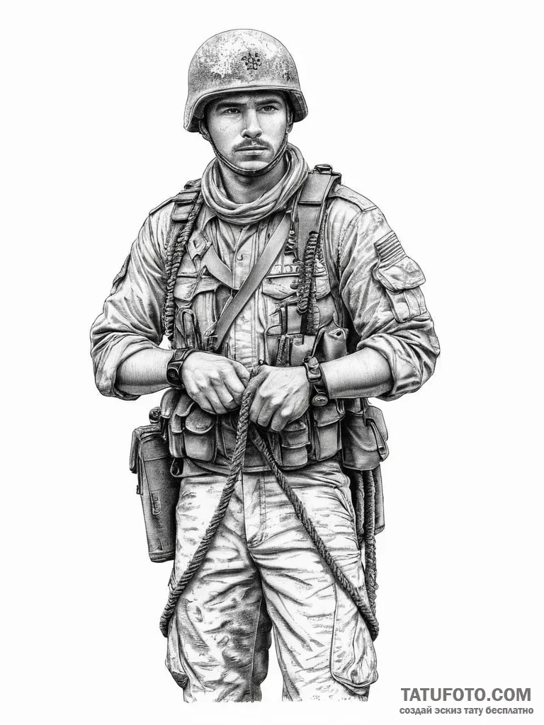 Tattoo sketch soldier with a rope, concept ar... - эскиз тату (№1756892189_0, 03.09.2025 09:36) — Tatufoto.com