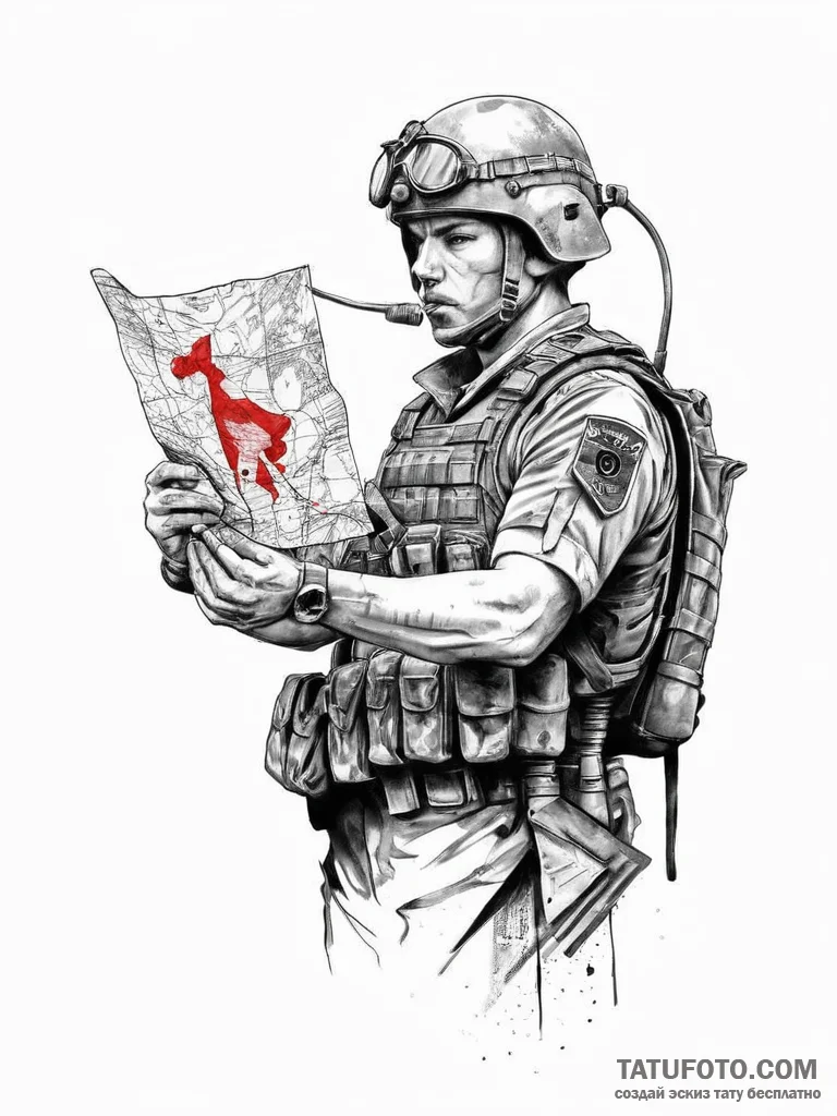 Tattoo sketch soldier with a map, concept art... - эскиз тату (№1756914281_0, 03.09.2025 15:44) — Tatufoto.com