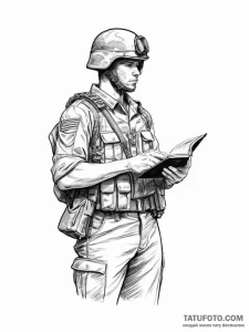 Tattoo sketch soldier with a book, concept ar... - эскиз тату (№1757020026_0, 04.09.2025 21:07) — Tatufoto.com
