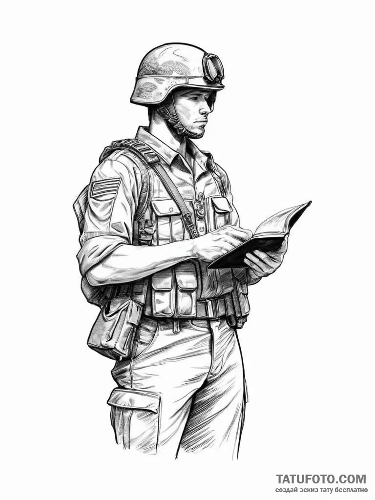 Tattoo sketch soldier with a book, concept ar... - эскиз тату (№1757020026_0, 04.09.2025 21:07) — Tatufoto.com