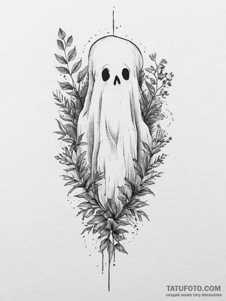 Tattoo sketch ghost with a plant, artistic ta... - эскиз тату (№1757021651_0, 04.09.2025 21:34) — Tatufoto.com