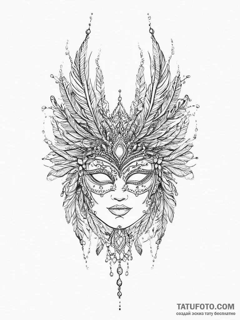 Tattoo sketch feathered mask tattoo - эскиз тату (№1757031718_0, 05.09.2025 00:21) — Tatufoto.com