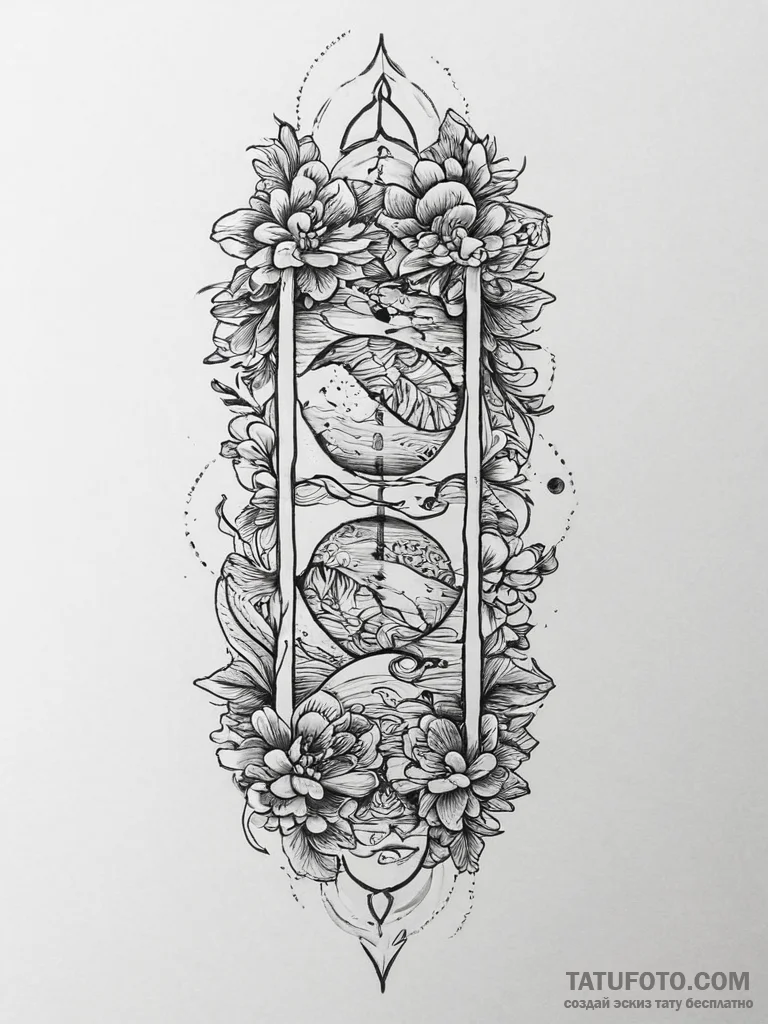 Tattoo sketch hourglass with plants inside, t... - эскиз тату (№1757032721_0, 05.09.2025 00:38) — Tatufoto.com