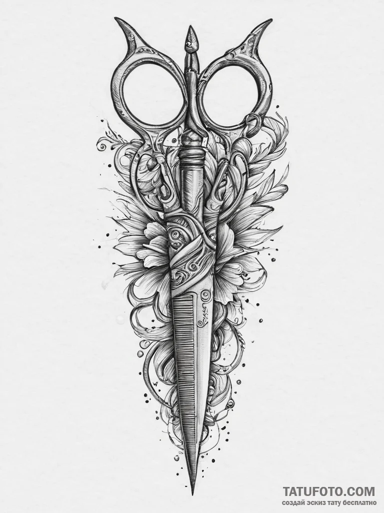 Tattoo sketch barber scissors and comb, tatto... - эскиз тату (№1757033928_0, 05.09.2025 00:58) — Tatufoto.com
