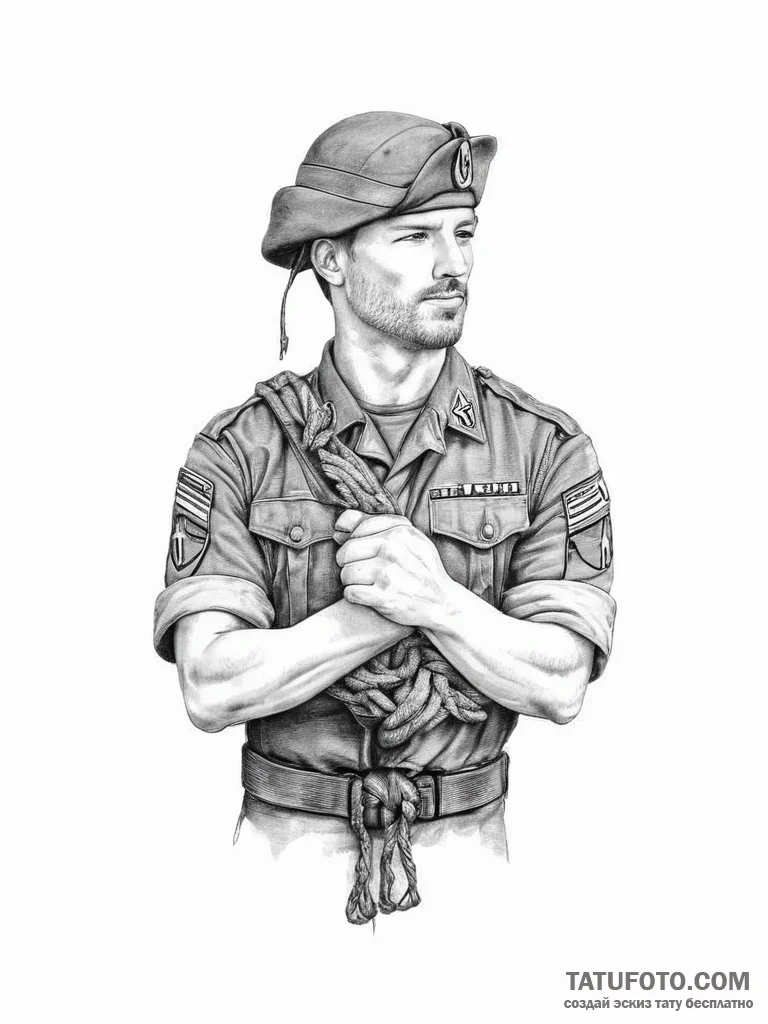 Tattoo sketch soldier with a knot - эскиз тату (№1757066402_0, 05.09.2025 10:00) — Tatufoto.com