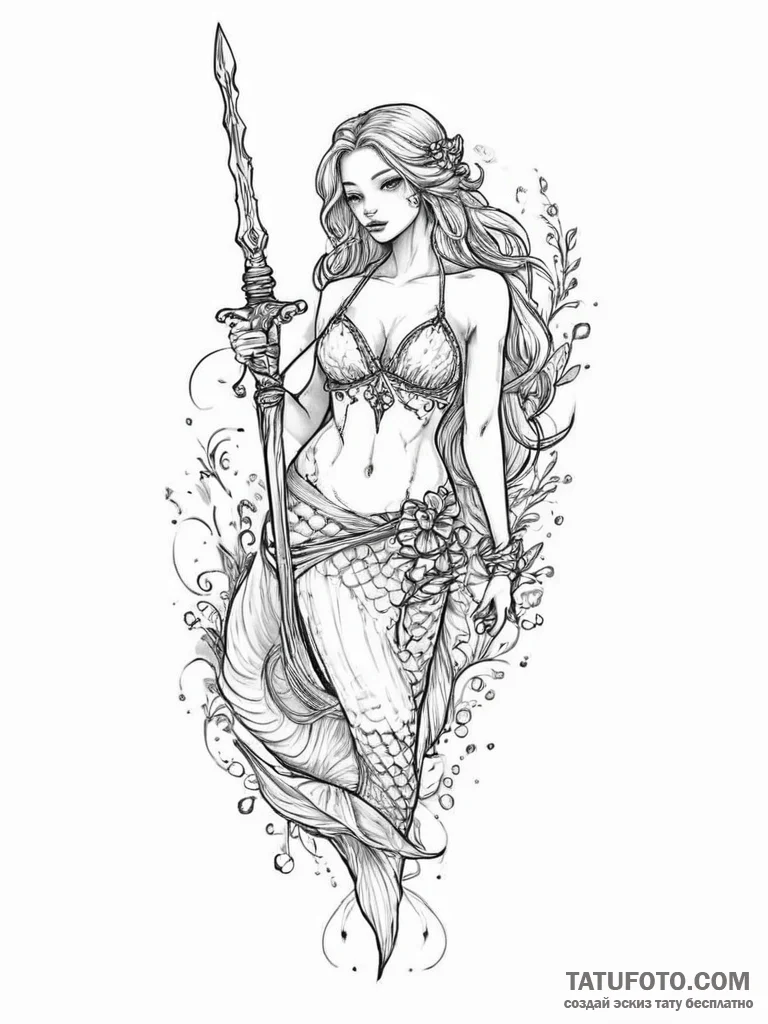 Tattoo sketch mermaid with a sword - эскиз тату (№1757080046_0, 05.09.2025 13:47) — Tatufoto.com
