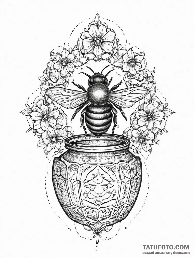 Tattoo sketch honey pot with a bee, tattoo li... - эскиз тату (№1757124966_0, 06.09.2025 02:16) — Tatufoto.com