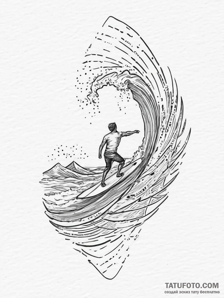 Tattoo sketch surfing a person on a wave, tat... - эскиз тату (№1757162498_0, 06.09.2025 12:41) — Tatufoto.com