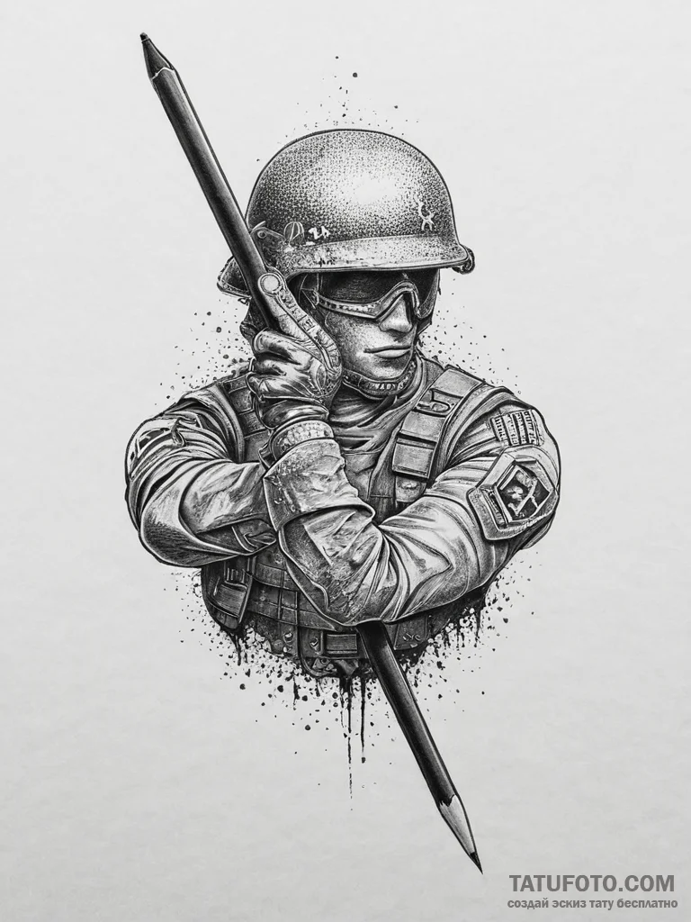Tattoo sketch soldier with a pencil, concept... - эскиз тату (№1757164889_0, 06.09.2025 13:21) — Tatufoto.com