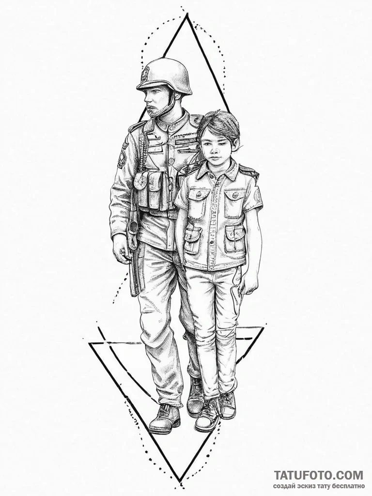 Tattoo sketch soldier and a child, artistic t... - эскиз тату (№1757172601_0, 06.09.2025 15:30) — Tatufoto.com