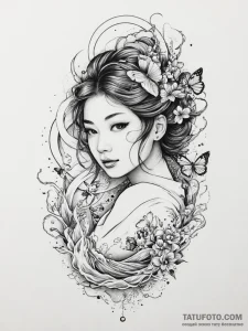 Tattoo sketch портрет девушки с бабочками, ta... - эскиз тату (№1757176780_0, 06.09.2025 16:39) — Tatufoto.com