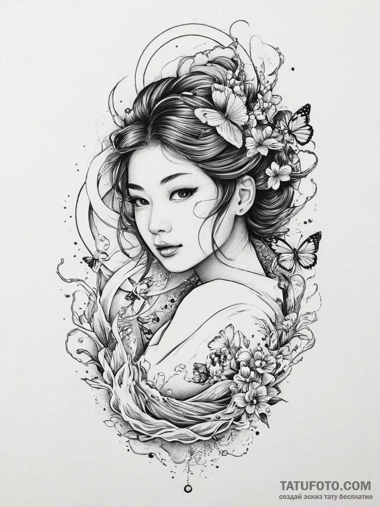 Tattoo sketch портрет девушки с бабочками, ta... - эскиз тату (№1757176780_0, 06.09.2025 16:39) — Tatufoto.com