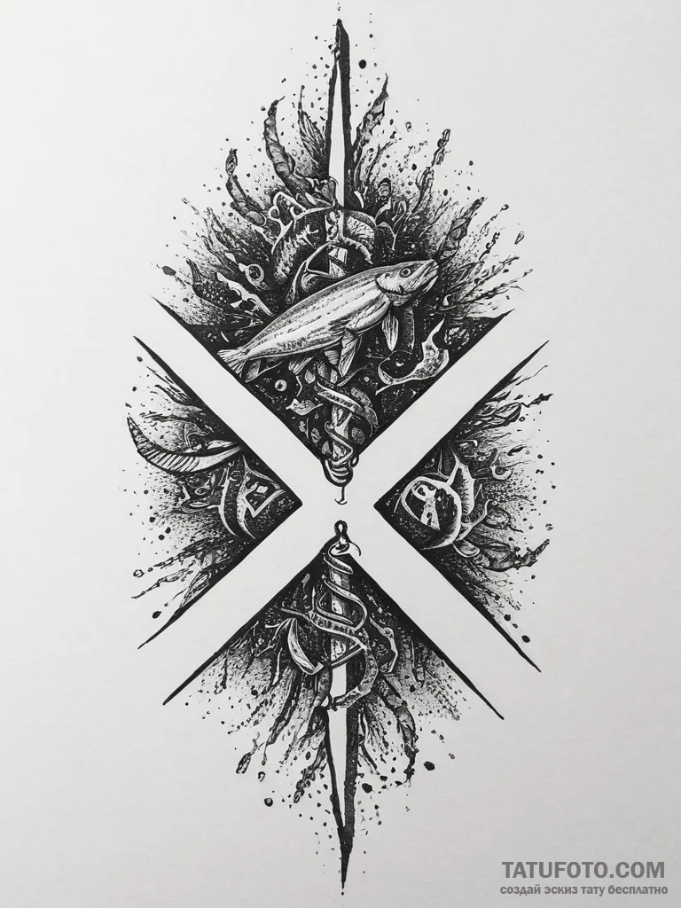 Tattoo sketch laguz rune with a fish, concept... - эскиз тату (№1757179561_0, 06.09.2025 17:26) — Tatufoto.com