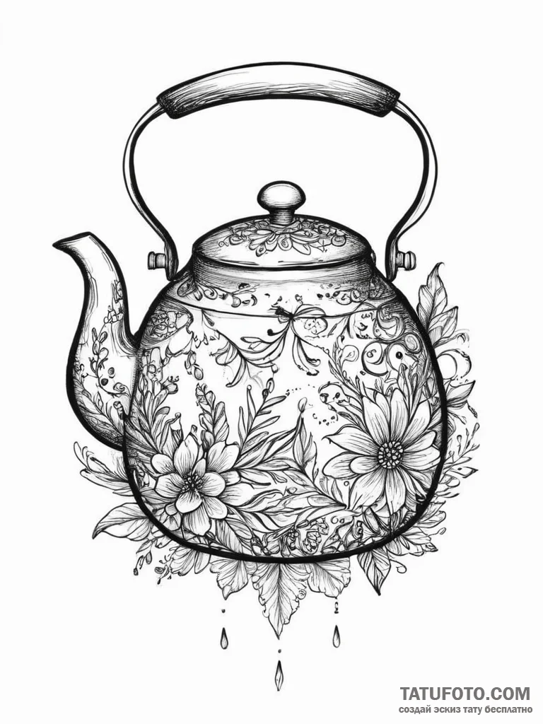 Tattoo sketch tea kettle with a floral patter... - эскиз тату (№1757193804_0, 06.09.2025 21:23) — Tatufoto.com