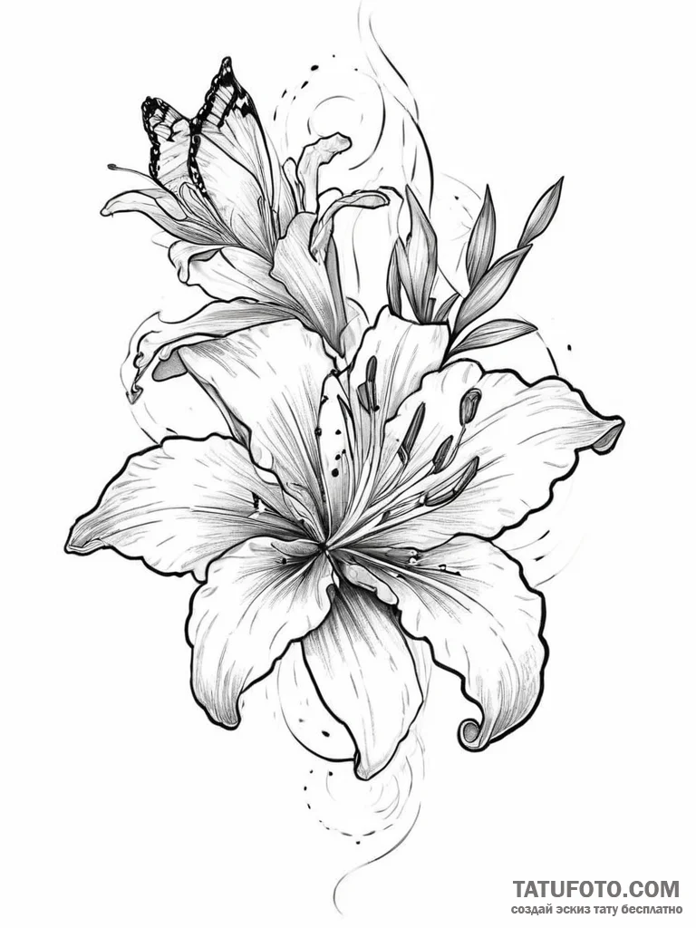 Tattoo sketch lily with a butterfly - эскиз тату (№1757195018_0, 06.09.2025 21:43) — Tatufoto.com