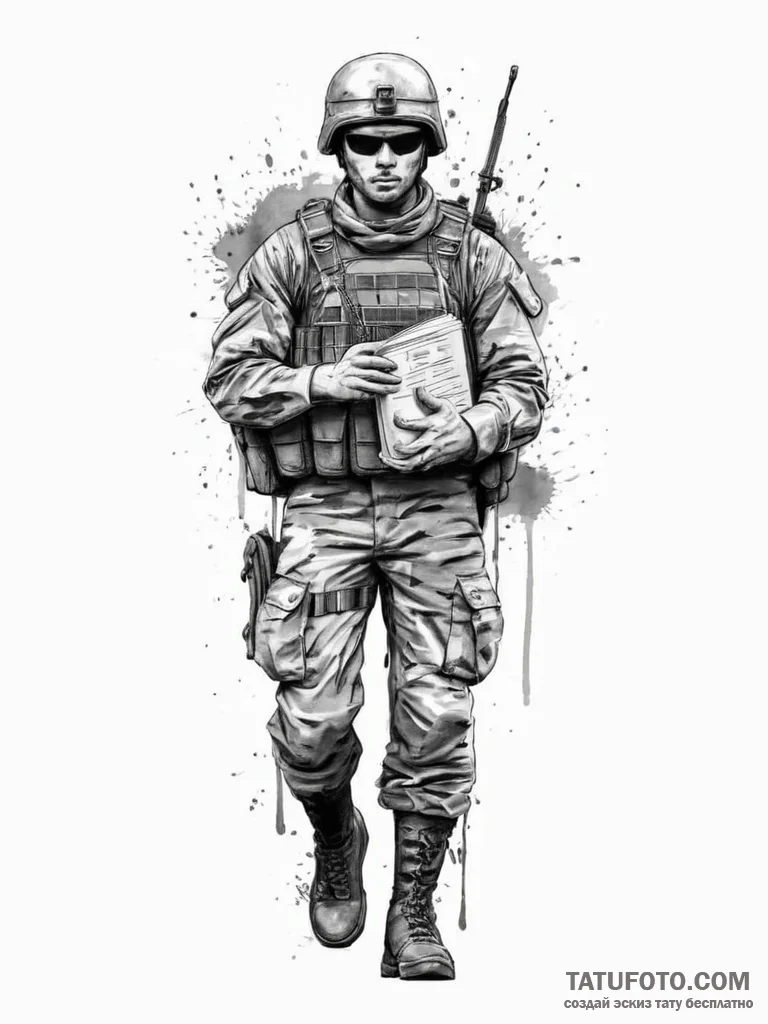 Tattoo sketch soldier with a book, concept ar... - эскиз тату (№1757198625_0, 06.09.2025 22:43) — Tatufoto.com