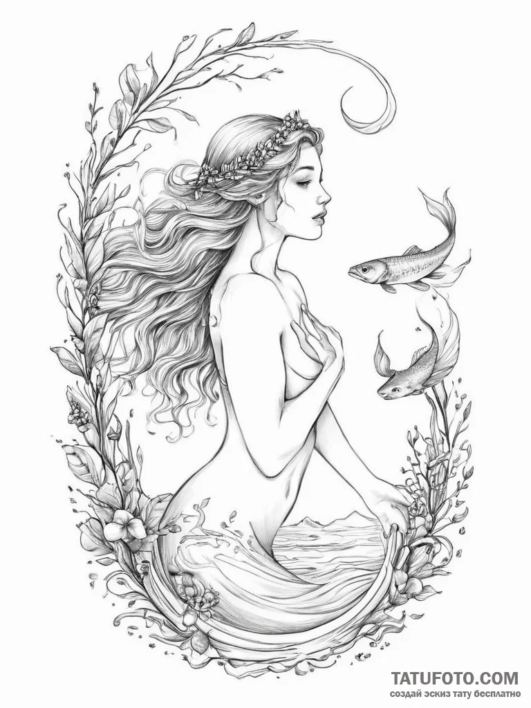 Tattoo sketch rusalka, the water nymph, with... - эскиз тату (№1757230053_0, 07.09.2025 07:27) — Tatufoto.com