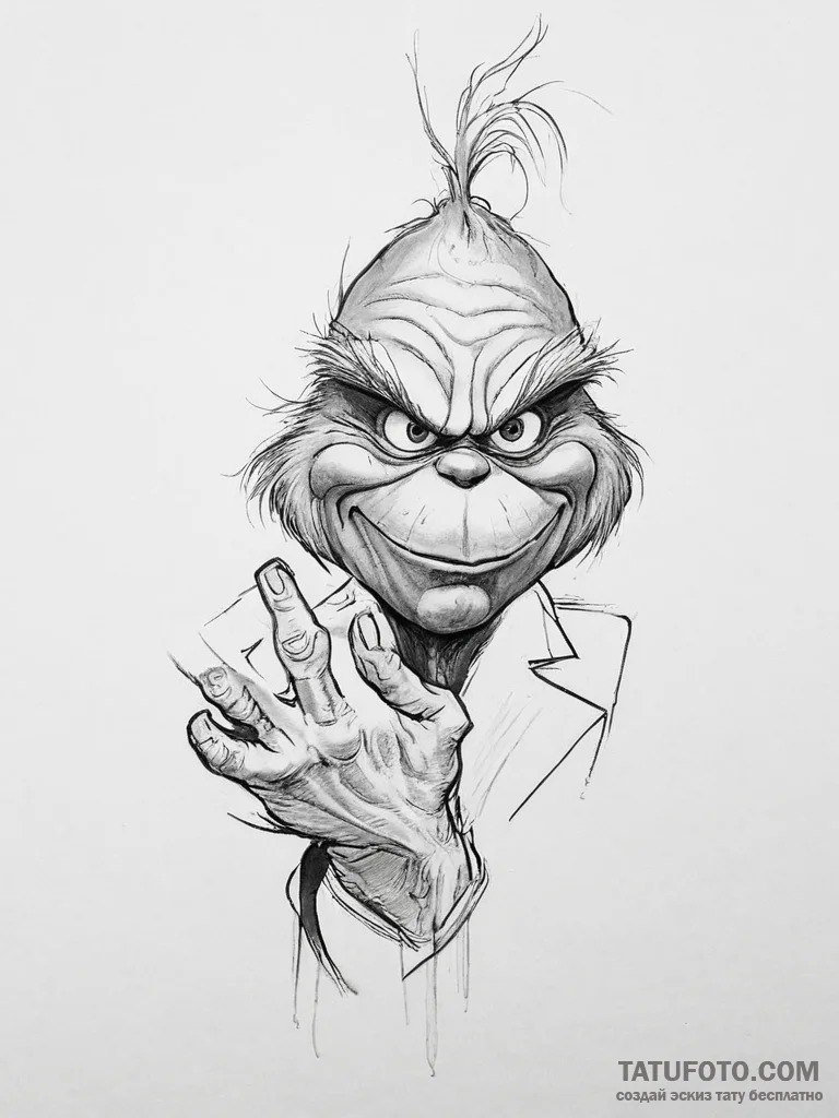 Tattoo sketch the grinch with a hand - эскиз тату (№1757231433_0, 07.09.2025 07:50) — Tatufoto.com