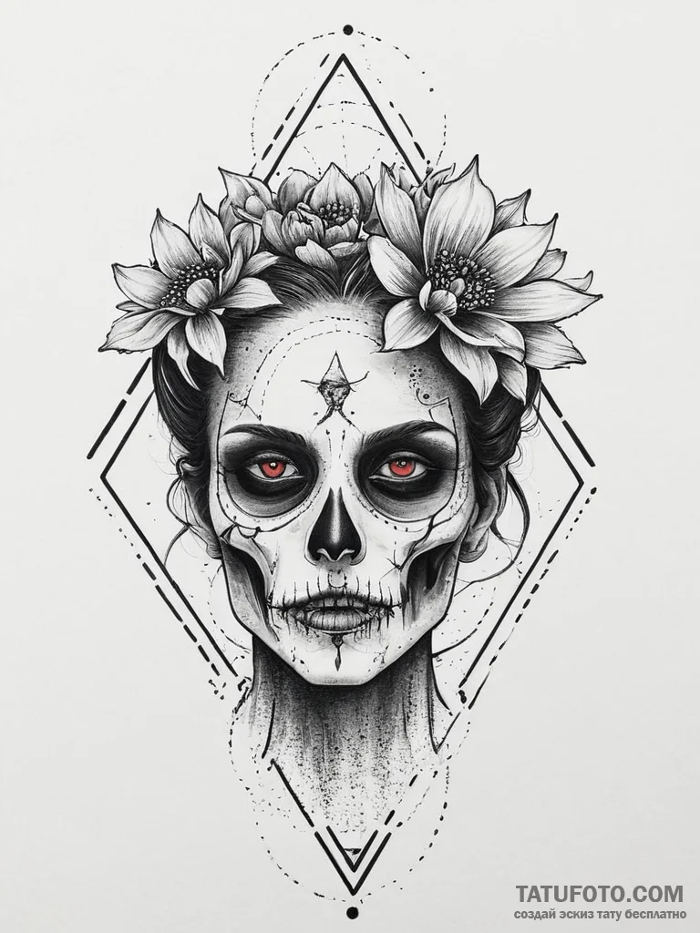 Tattoo sketch zombie with a flower, artistic... - эскиз тату (№1757240795_0, 07.09.2025 10:26) — Tatufoto.com