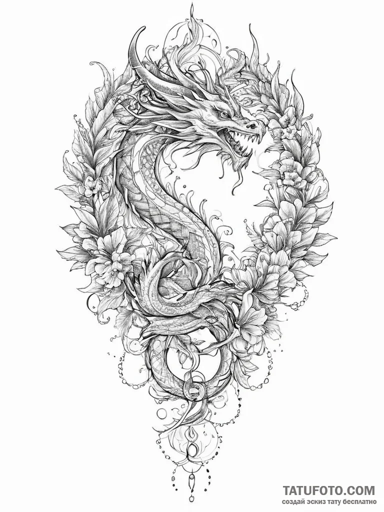 Tattoo sketch dragon with a plant, ink illust... - эскиз тату (№1757246346_0, 07.09.2025 11:59) — Tatufoto.com
