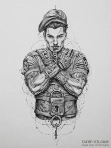 Tattoo sketch soldier with a lock, tattoo lin... - эскиз тату (№1757247730_0, 07.09.2025 12:22) — Tatufoto.com