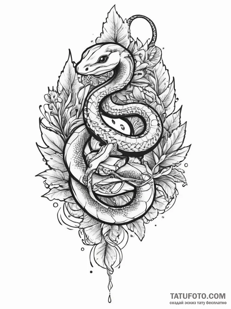 Tattoo sketch leaves with a snake, tattoo dra... - эскиз тату (№1757253509_0, 07.09.2025 13:58) — Tatufoto.com