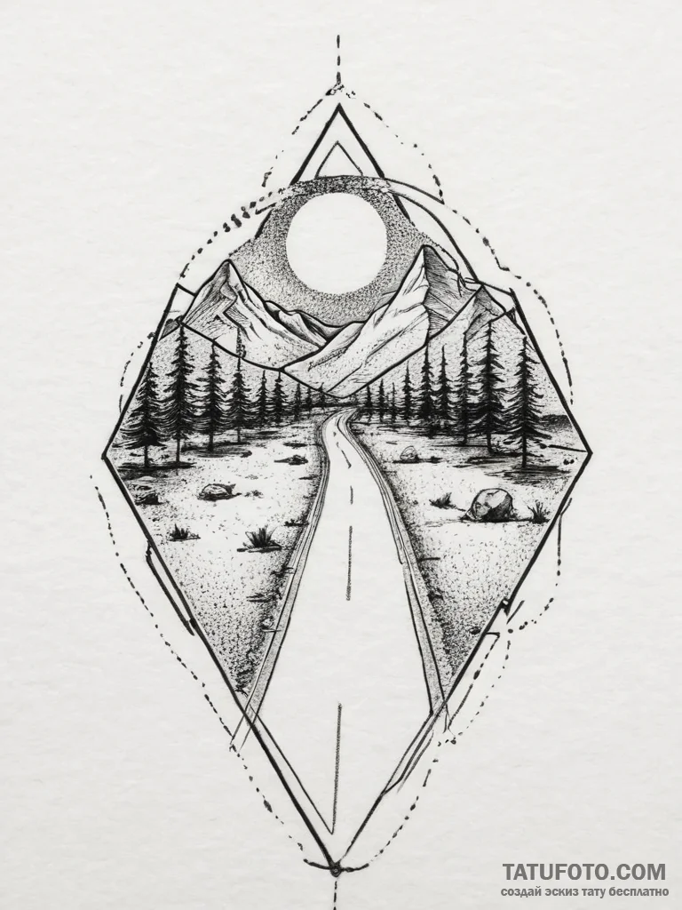 Tattoo sketch road, tattoo line art, sepia to... - эскиз тату (№1757254488_0, 07.09.2025 14:14) — Tatufoto.com