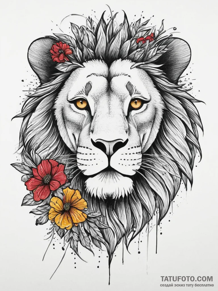 Tattoo sketch узор в виде льва с цветами, tat... - эскиз тату (№1757257911_0, 07.09.2025 15:11) — Tatufoto.com