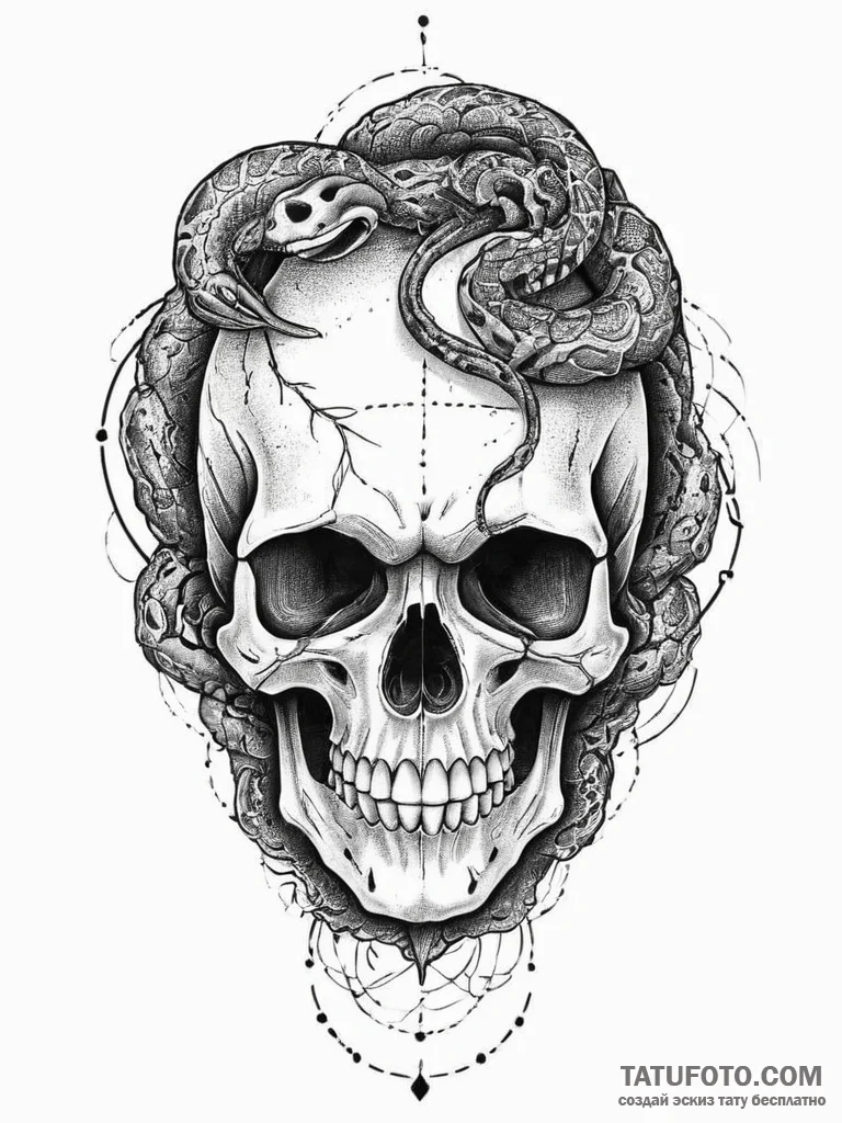Tattoo sketch skull with a snake, tattoo line... - эскиз тату (№1757260884_0, 07.09.2025 16:01) — Tatufoto.com