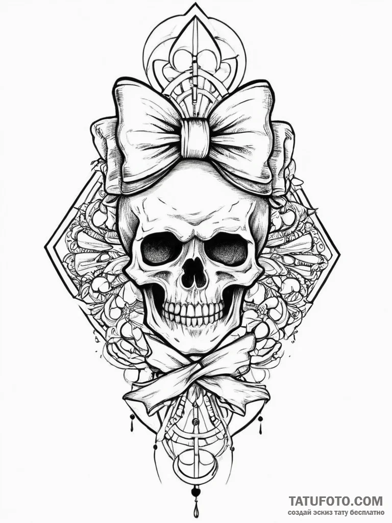 Tattoo sketch череп с бантом, artistic tattoo... - эскиз тату (№1757262864_0, 07.09.2025 16:34) — Tatufoto.com
