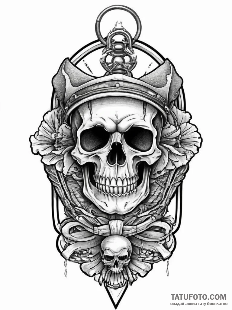 Tattoo sketch skull with a dog tag, tattoo fl... - эскиз тату (№1757264052_0, 07.09.2025 16:54) — Tatufoto.com