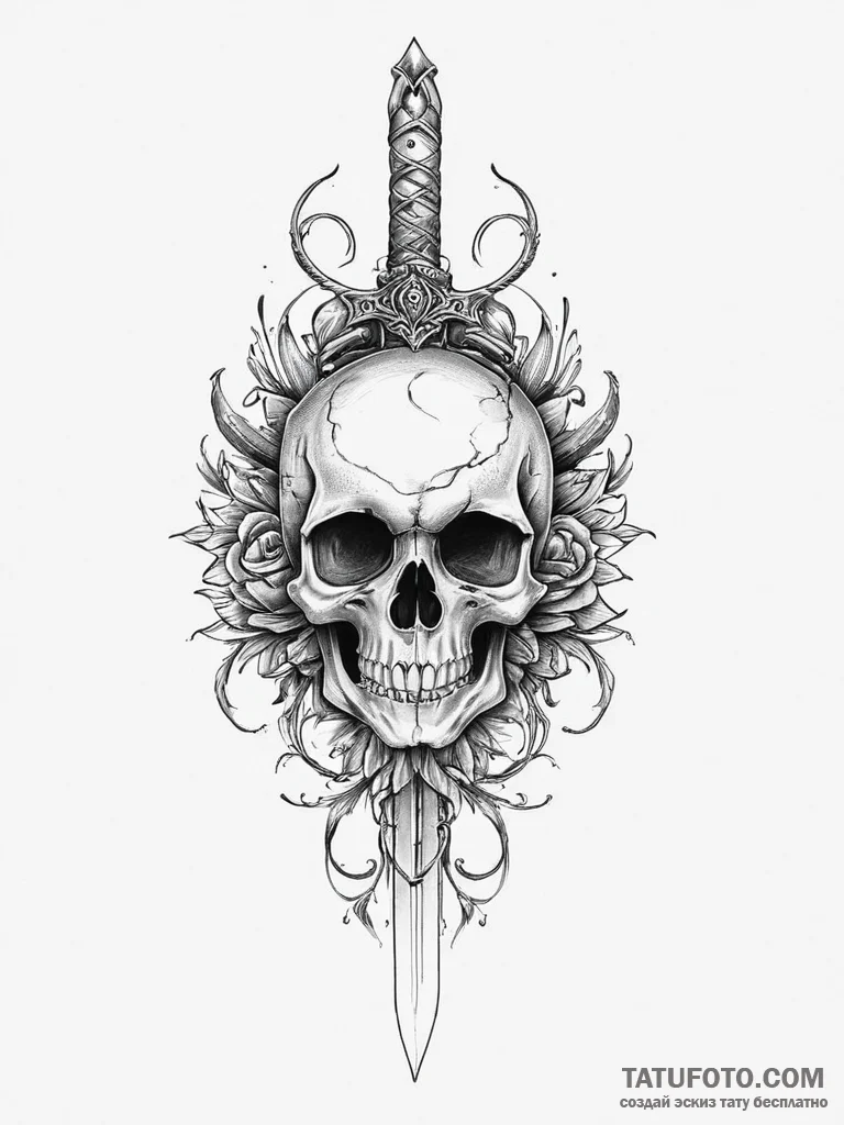 Tattoo sketch череп с кинжалом - эскиз тату (№1757265635_0, 07.09.2025 17:20) — Tatufoto.com