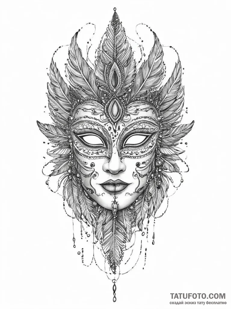 Tattoo sketch feathered mask tattoo, concept... - эскиз тату (№1757271258_0, 07.09.2025 18:54) — Tatufoto.com