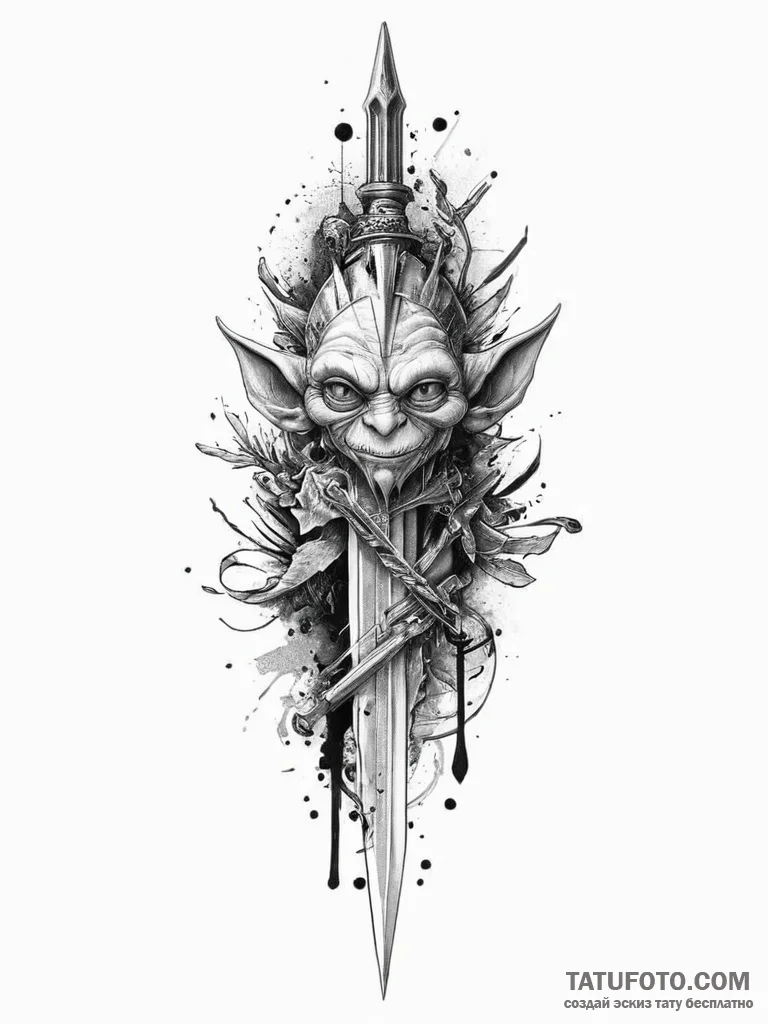 Tattoo sketch goblin dagger, ink illustration... - эскиз тату (№1757280868_0, 07.09.2025 21:34) — Tatufoto.com