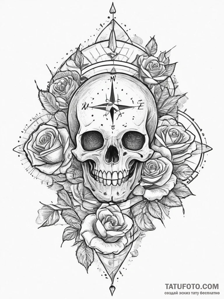 Tattoo sketch old scroll with a compass, tatt... - эскиз тату (№1757282276_0, 07.09.2025 21:57) — Tatufoto.com