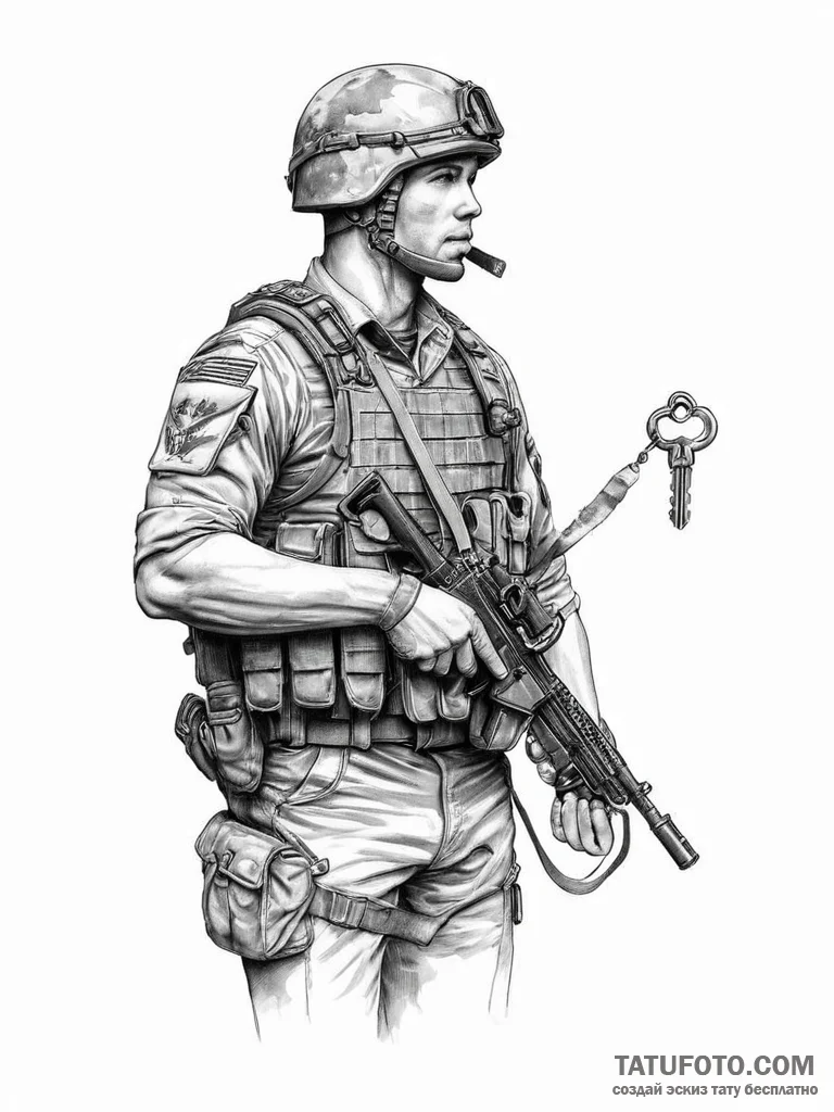 Tattoo sketch soldier with a key - эскиз тату (№1757284083_0, 07.09.2025 22:28) — Tatufoto.com