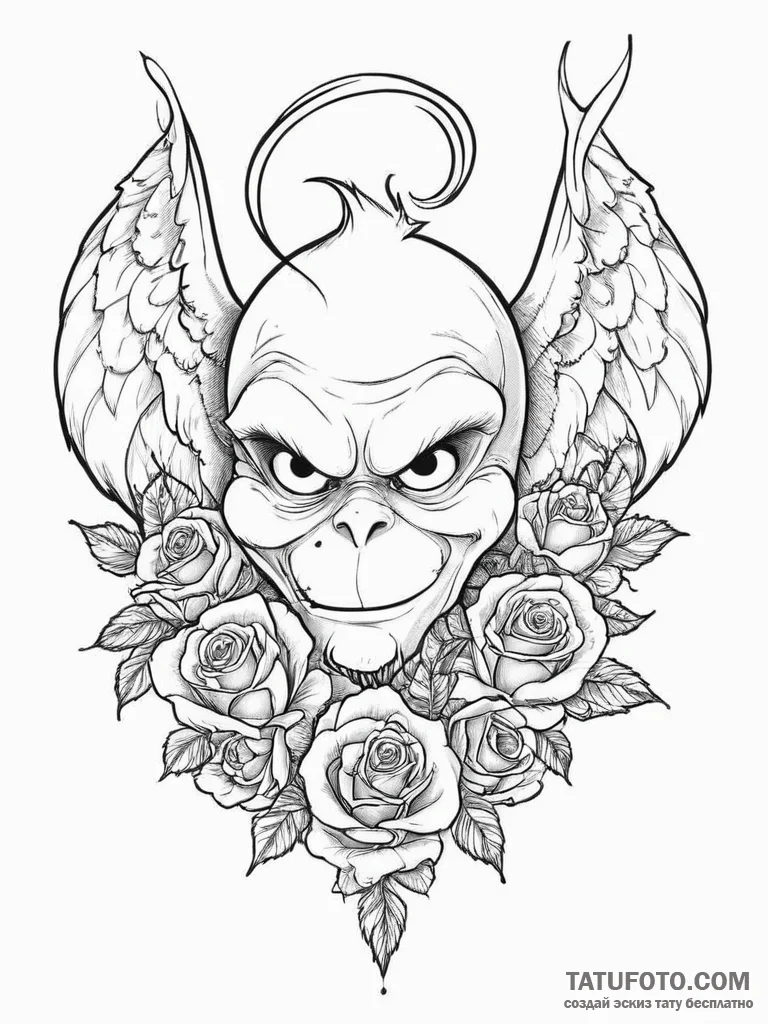 Tattoo sketch the grinch with a wing, tattoo... - эскиз тату (№1757287298_0, 07.09.2025 23:21) — Tatufoto.com
