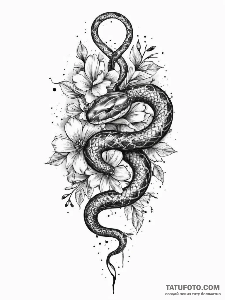 Tattoo sketch snake with a flower, tattoo lin... - эскиз тату (№1757340527_0, 08.09.2025 14:08) — Tatufoto.com