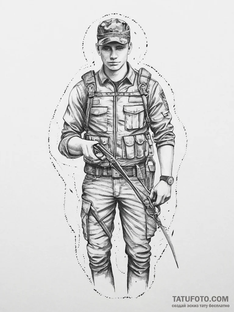 Tattoo sketch soldier with a scissors, concep... - эскиз тату (№1757342313_0, 08.09.2025 14:38) — Tatufoto.com