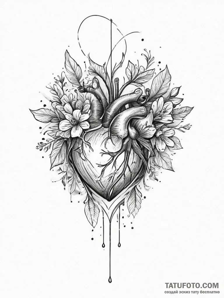 Tattoo sketch bleeding heart flower, tattoo d... - эскиз тату (№1757345315_0, 08.09.2025 15:28) — Tatufoto.com