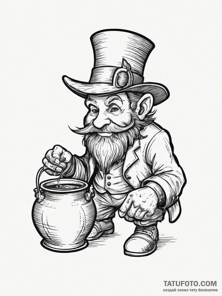 Tattoo sketch leprechaun with a pot, concept... - эскиз тату (№1757345911_0, 08.09.2025 15:38) — Tatufoto.com
