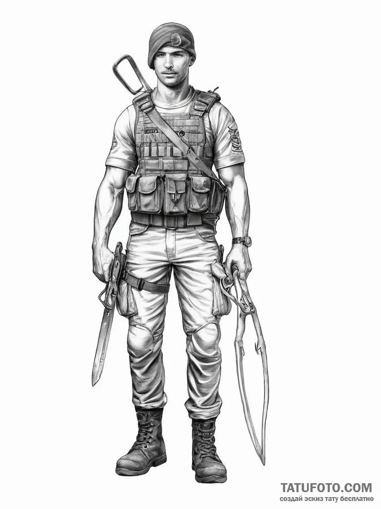 Tattoo sketch soldier with a scissors - эскиз тату (№1757347117_0, 08.09.2025 15:58) — Tatufoto.com