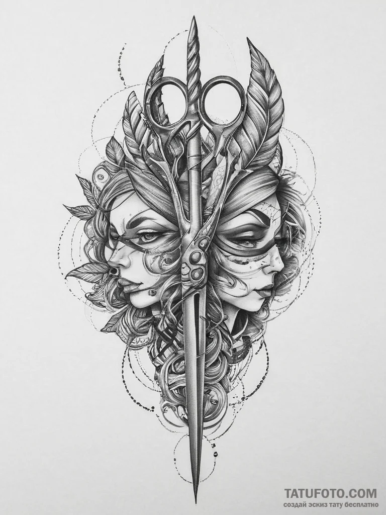 Tattoo sketch stylist a person with scissors,... - эскиз тату (№1757350308_0, 08.09.2025 16:51) — Tatufoto.com