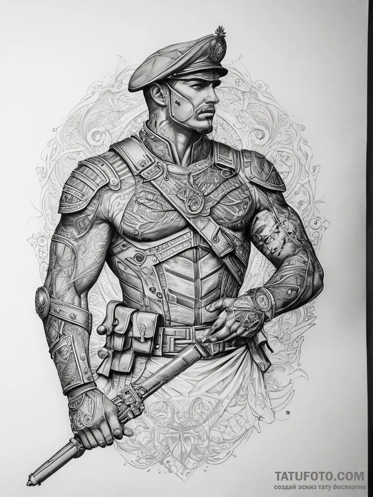 Tattoo sketch soldier with a document, tattoo... - эскиз тату (№1757358864_0, 08.09.2025 19:14) — Tatufoto.com